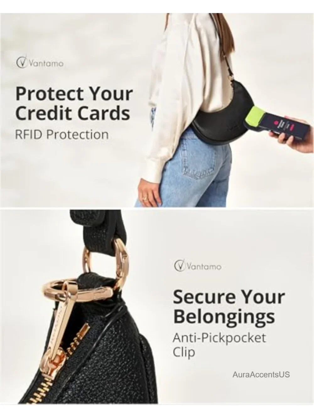 RFID Half Moon Clutch Crossbody Bag with Anti-Theft Clip